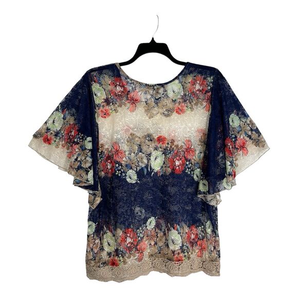 RAIN Lace Top Women's 1X Floral Kimono Sleeve Blouse Round Neck Ruffles Boho - Picture 4 of 8